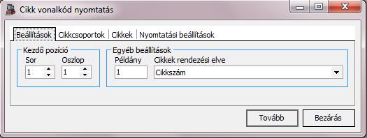 3.6.5. Vonalkód nyomtatás 3.6.5.1. Cikk vonalkód nyomtatás A funkció a cikkek vonalkódjának nyomtatását teszi lehetővé.