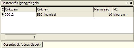 Összetevők (göngyölegek) Itt adhatóak meg a csomagolási módhoz olyan cikkek, melyek göngyölegként lettek felvéve.