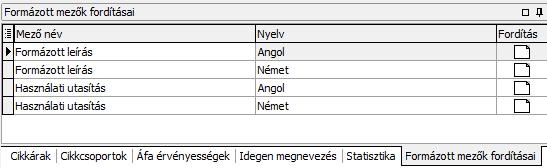 Felviteli segédlet Mező név Itt láthatja, hogy mely leírás idegen nyelvű rögzítésére van lehetőség az adott sorban.