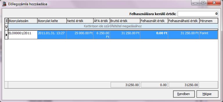 export számlánál, Kimenő számlánál és ProForma számlánál lehet felhasználni, így ennek megfelelően az előlegbizonylatok fül csak ezeknél a bizonylatoknál jelenik meg.
