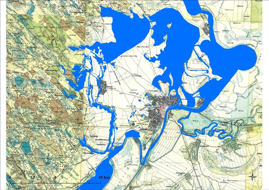 557 Ez az összefüggő felszíni vízrendszer a mai belvárostól (a Tisza Maros torkolattól, mint stratégiai ponttól) egy kb. 8-10 km sugarú körív mentén található.