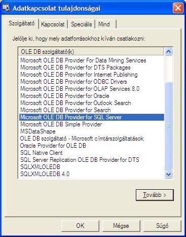 Ki kell választani a Microsoft OLE DB