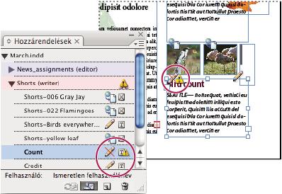 INCOPY CS3 76 Használatban van és Elévült ikonnal ellátott Hozzárendelések panel (bal oldali kép) és elrendezés elévült tartalommal (jobb oldali kép) 4 Az InDesign-felhasználó frissíti a tartalmat.