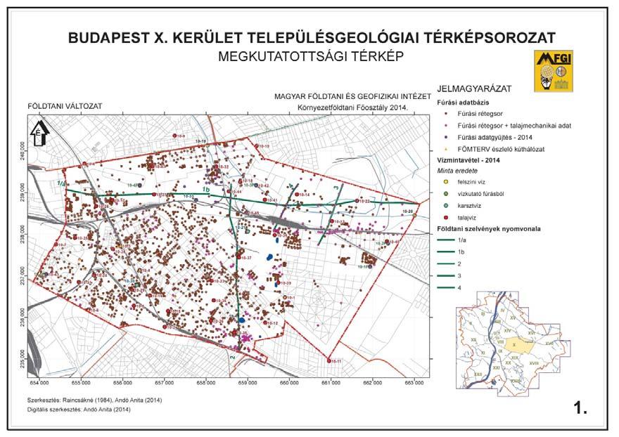 kerület megkutatottsági térképe (The layout map of boreholes and observation sites of District X) A kerületi településgeológiai térképsorozat