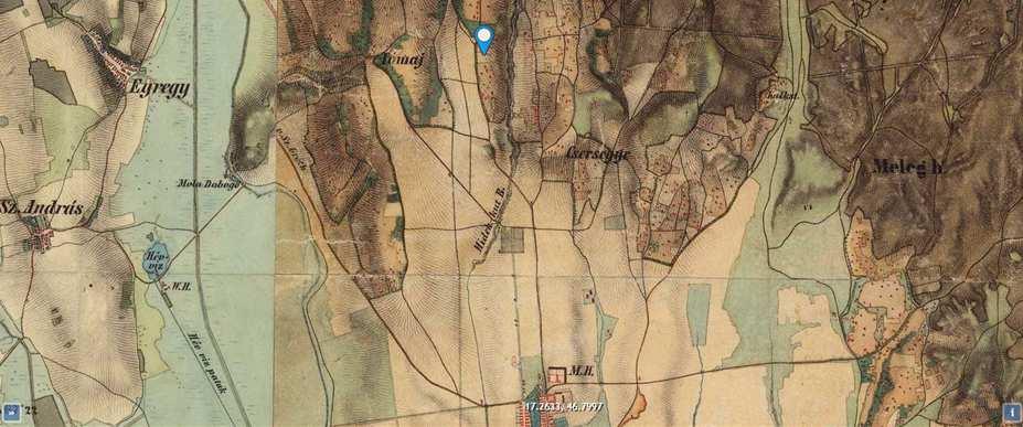TELEPÜLÉSI ARCULATI KÉZIKÖNYV Második katonai felmérés 1806-1869 Ez egy német nyelvű térkép, melyen olvasható a "Hideh kut Bach" (patak) felirat.