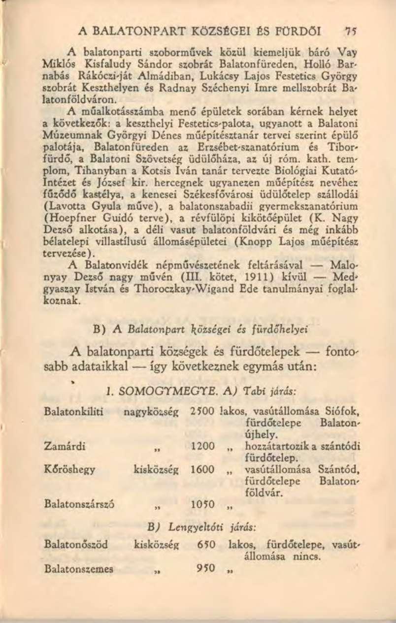 A BALATONPART KÖZSÉGEI ÉS FÜRDŐI 75 A balatonparti szobormûvek közül kiemeljük báró Vay Miklós Kisfaludy Sándor szobrát Balatonfüreden, Holló Barnabás Rákócsi-ját Almádiban, Lukácsy Lajos Festetics