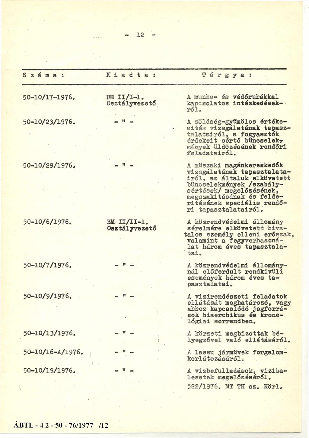 12 Száma Kiadta Tárgya : 50-10/17-1976. BM II/I-l. Osztályvezető 50-10/23/1976. - " - 50-10/29/1976. - " - 50-10/6/1976. BM II/II-l. Osztályvezető 50-10/7/1976. - " - 50-10/9/1976. 50-10/13/1976.