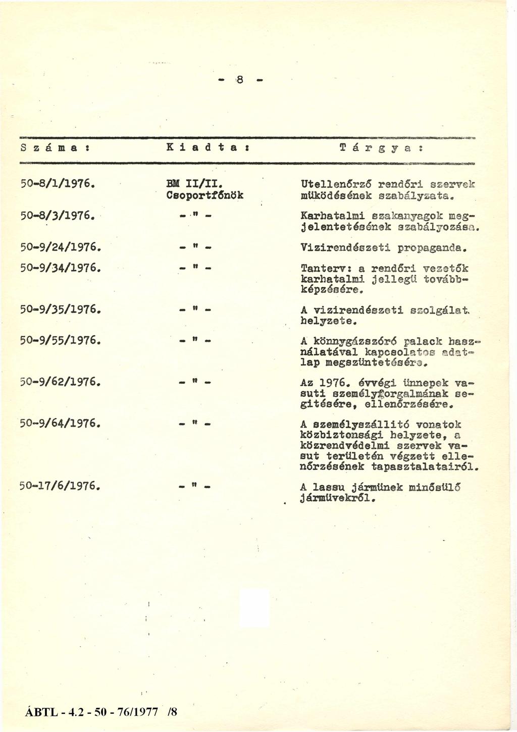 8 Száma : K i a d t a : Tárgya : 50-8/1/1976. 50-8/3/1976. 50-9/24/1976. 50-9/34/1976. 50-9/35/1976. 50-9/55/1976. 50-9/62/1976. 50-9/64/1976. 50-17/6/1976. BM II/II. Csoportfőnök - " - -" - " " _.