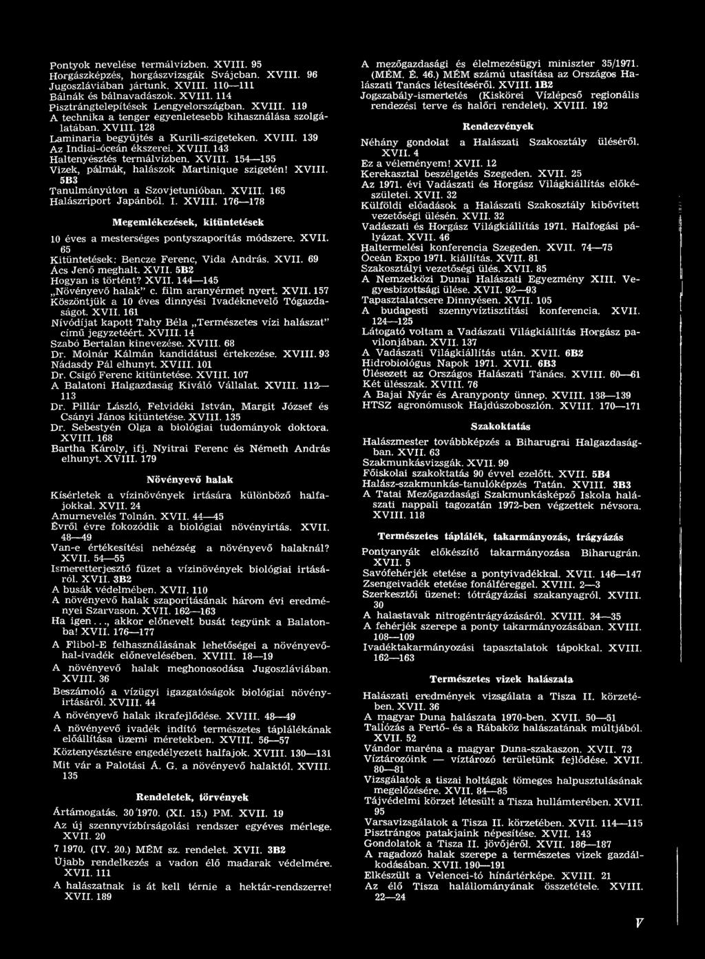X V II. 161 Nívódíjat kapott Tahy Béla Természetes vízi halászat 5 című jegyzetéért. X V III. 14 Szabó Bertalan kinevezése. X V III. 68 Dr. Molnár Kálmán kandidátusi értekezése. X V III. 93 Nádasdy Pál elhunyt.
