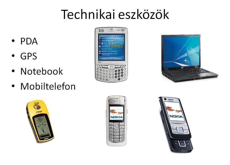 1. ábra: A mobiljáték technikai eszközei (Forrás: a Bolyai iskola prezentációja) Minden csapat két mobilkészüléket kapott.