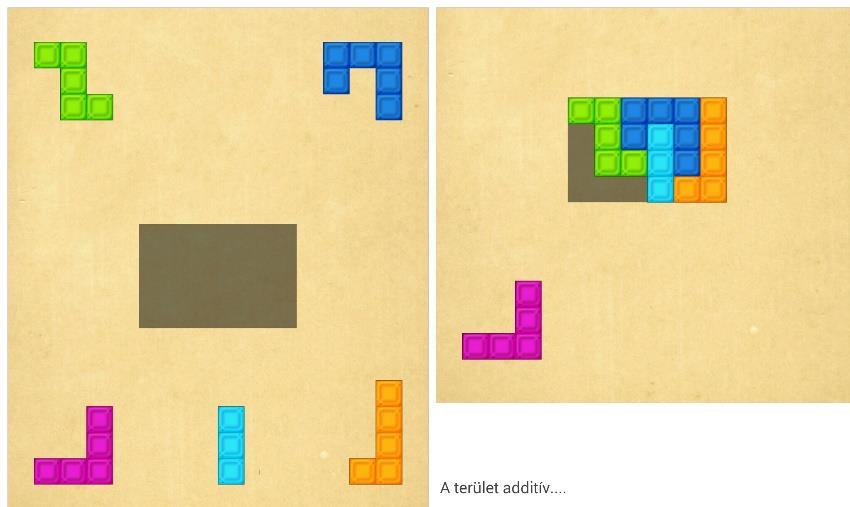 3. ábra Clever Blocks - A terület additív További hasonló játékok: Tangram (Az elemek itt játékról-játékra állandók, viszont forgathatók és tükrözhetők is, továbbá