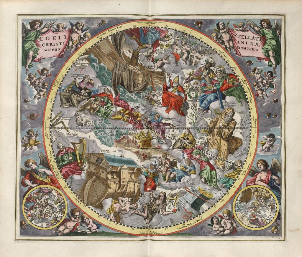 A művészi ábrázolás szép példája: Andreas Cellarius: Harmonia Macrocosmica, 1660 keresztényesített figurák: minden csillagkép egy szent pl.