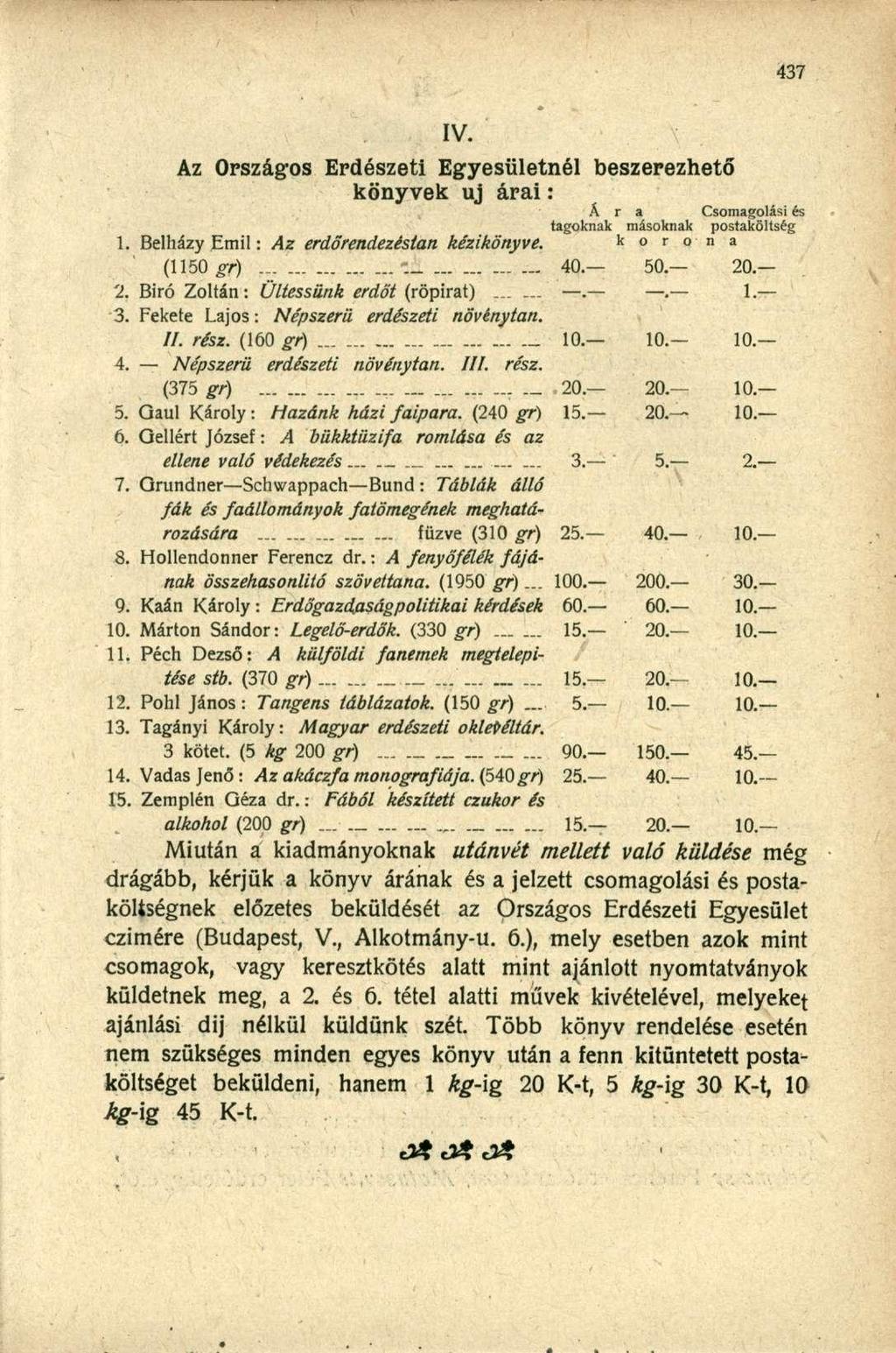 Az Országos Erdészeti Egyesületnél beszerezhető könyvek uj árai: 1. Belházy Emil: Az erdőrendezéstan kézikönyve. k o r o n a (1150*7)... : 40. 50. 20. 2. Biró Zoltán: Ültessünk erdőt (röpirat)........ 1 3.