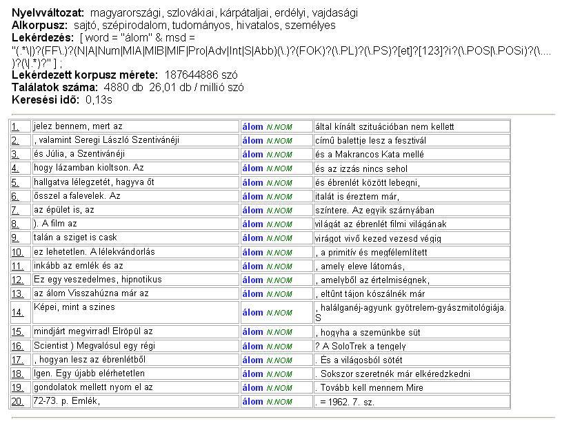 10. kép KWIC indextételes megjelenítés a magyar nyelvi korpuszból 3.3.5.KWOC index A kulcsszavas indexek elterjedt típusa a KWOC index is.