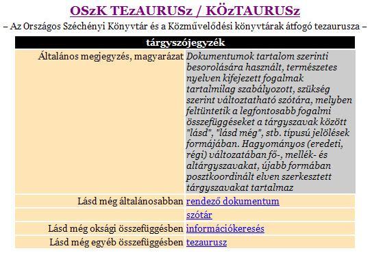 18. kép A Tárgyszójegyzék meghatározása és relációi az OSZKtezauruszban Mit tartalmaz egy tárgyszórendszer? /1/ A tárgyszavakat, amelyek segítségével a dokumentumok tartalmát feltárjuk.