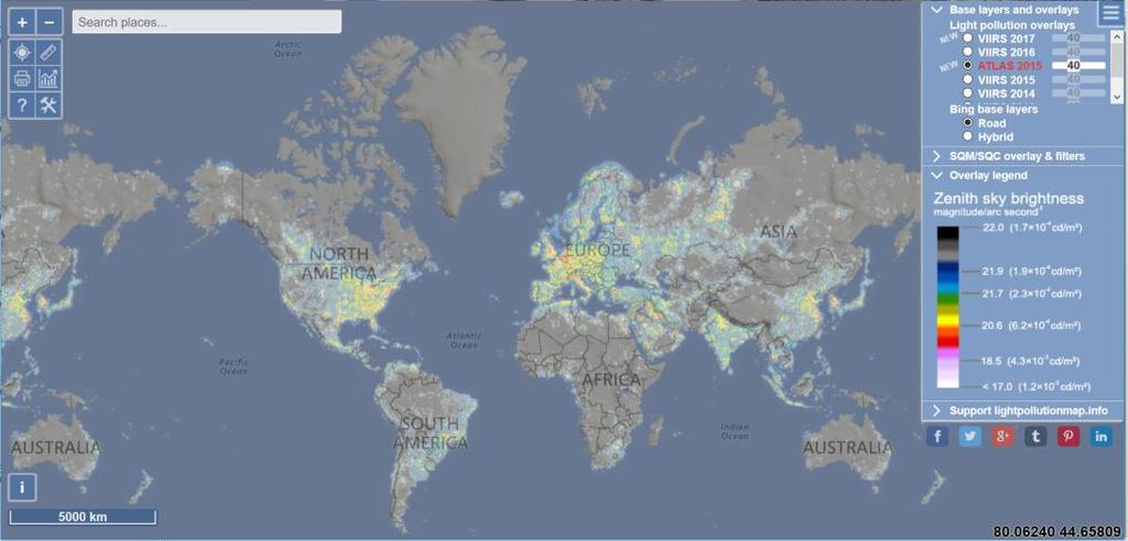 Fényszennyezés a világban Forrás: https://www.lightpollutionmap.info Pl.