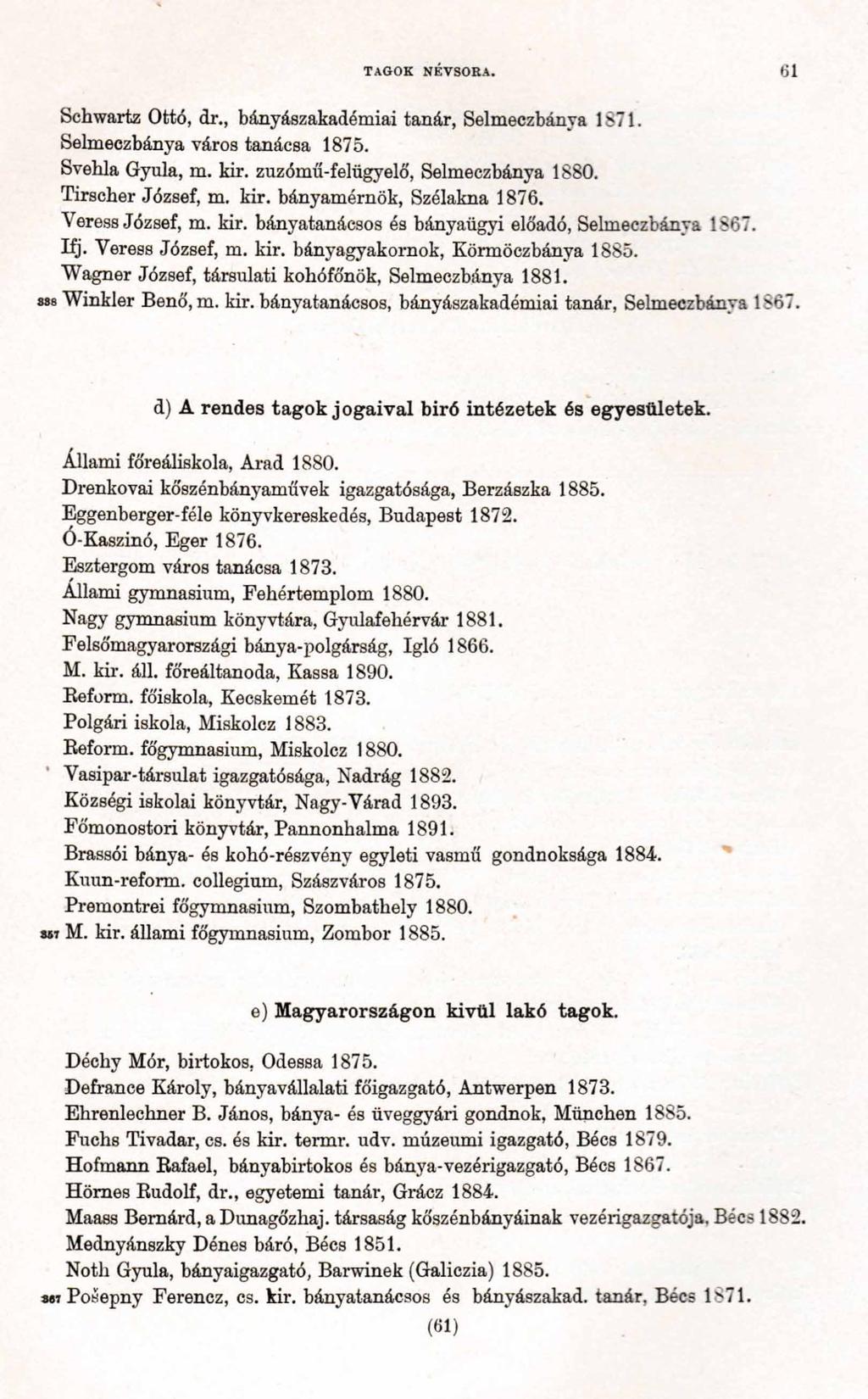 TAGOK NÉVSORA. 61 Schwarte Ottó, dr., bányászakadémiai tanár, Selmeczbánya 1871. Selmeczbánya város tanácsa 1875. Svehla Gyula, m. kir. zuzómű-felügyelő, Selmeczbánya 1880. Tirscher József, m. kir. bányamérnök, Szélakna 1876.