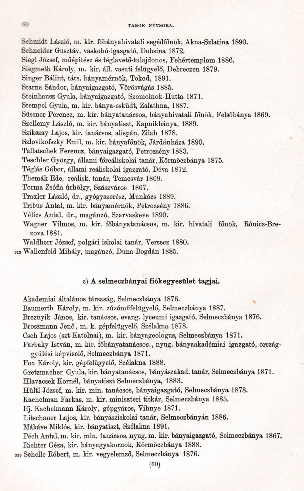 60 TAGOK NÉVSORA. Schmidt László, m. kir. főbányahivatali segédfőnök, Akna-Szlatina 1890. Schneider Gusztáv, vaskohó-igazgató, Dobsina 1872.