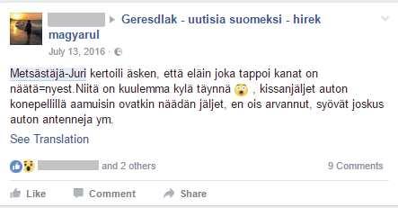 22. kép: finn nyelvű bejegyzés a közösségi oldalon. Vadász-Juri [Gyuri] az előbb mesélte, hogy az állat, amelyik a tyúkokat megölte, näätä=nyest.