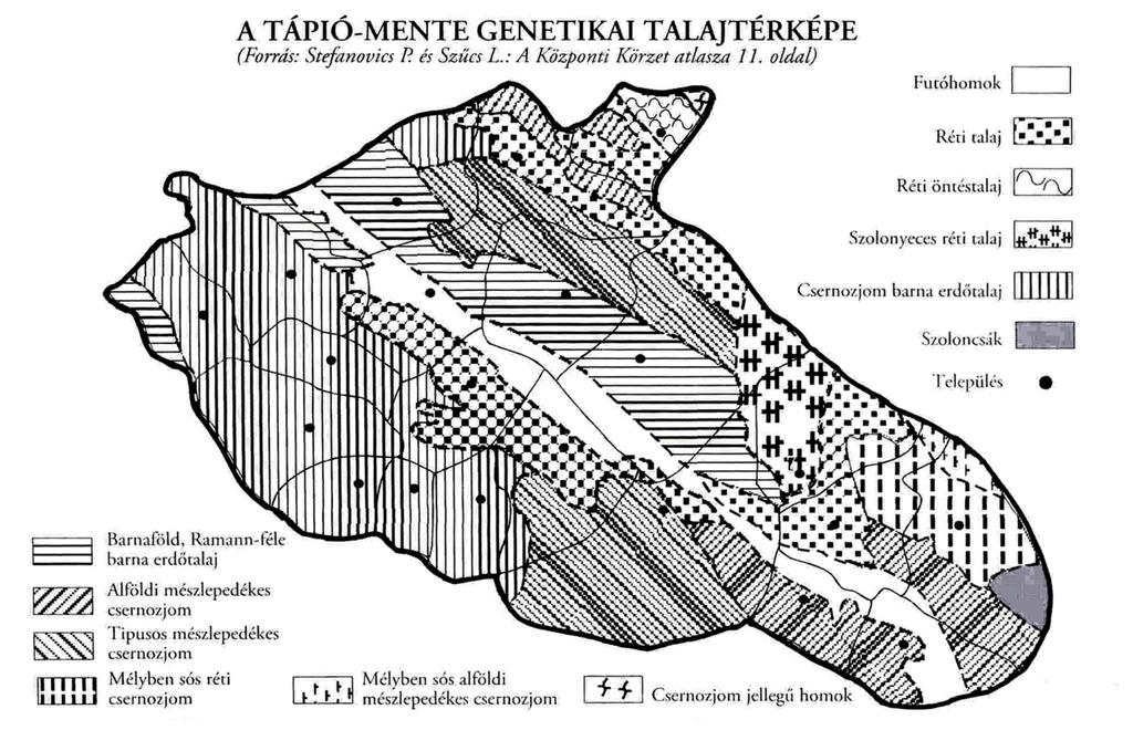 8. ábra - A Tápió mente genetikai talajtérképe A Felső és Alsó-Tápiót kísérő árterületeken réti talajok, illetve láposodó réti talajok, míg a hordalékkúp magasabb térszínein barnaföldek és humuszos