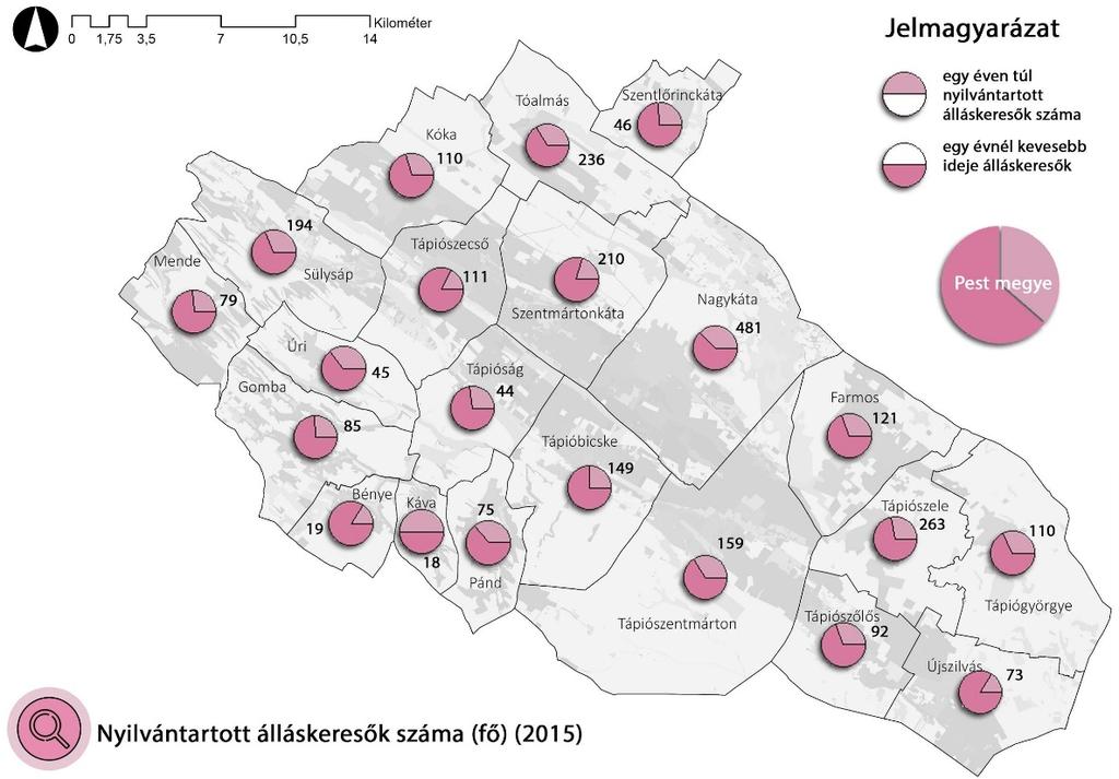 51 17. ábra - Nyilvántartott álláskeresők száma a Tápió-vidék településein 2015. A 18. ábrán a nyilvántartott álláskeresők állandó népességhez viszonyított százalékos aránya látható.