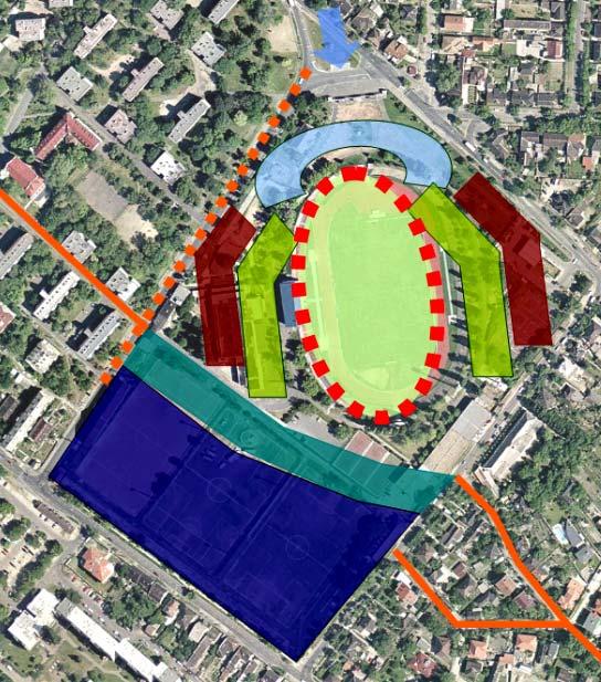 Terület-használati egységek Főbejárat, gyalogos és tömegközlekedési megközelítés Forgalomcsillapítás Agóra funkció, sport és közösségi tér vegyesen Bajnokok csarnoka fejlesztés, rekonstrukció