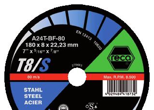 0669 030 115 115 6 22,23 25 0669 030 125 125 6 22,23 25 0669 030 150 150 6 22,23 25 0669 030 180 180 6 22,23 10 0669 030 230 230 6 22,23 10 RECA T8/S csiszolótárcsák Közepes keménységű, nagy