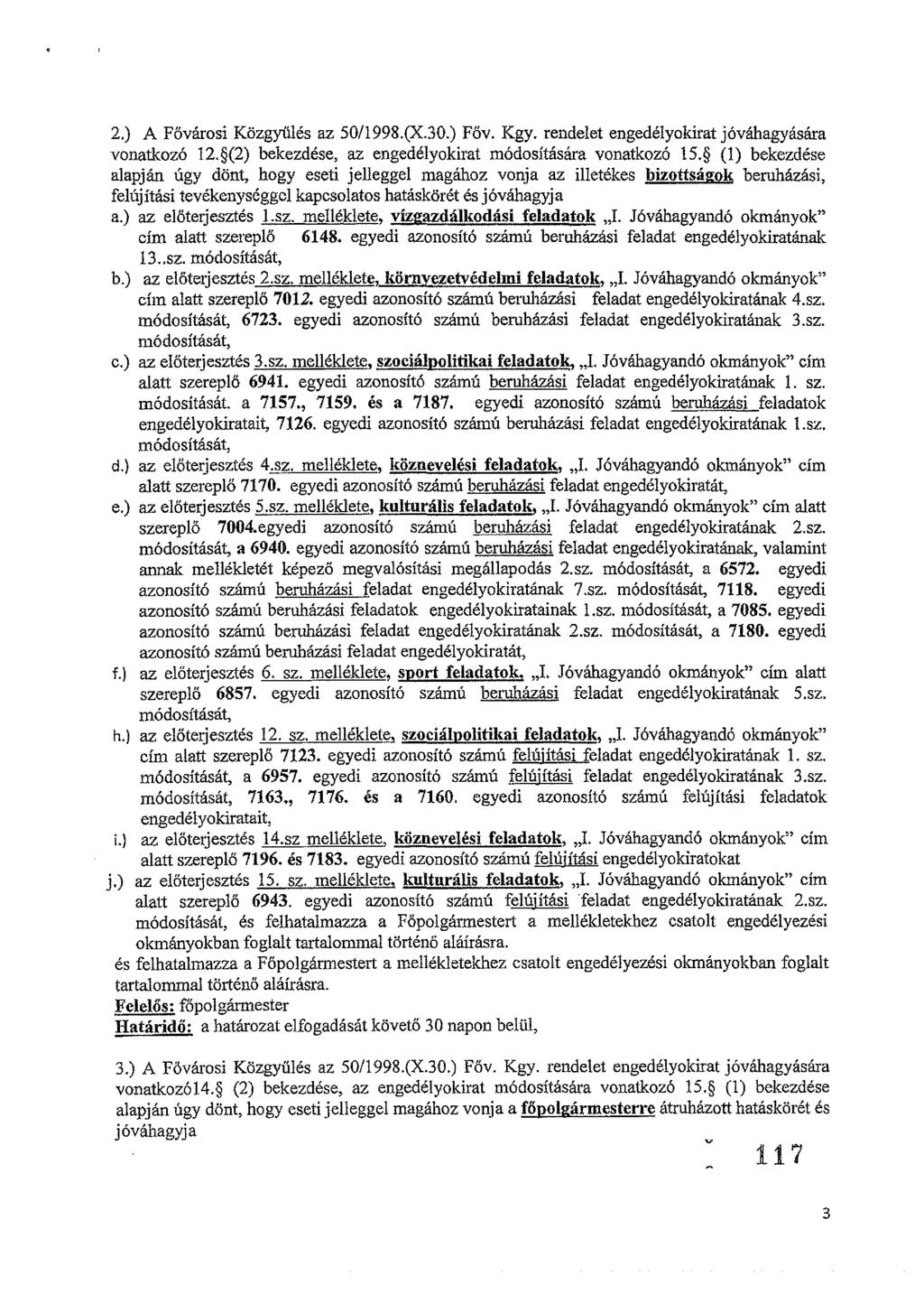 2.) A Fővárosi Közgyűlés az 50/1998.(X.30.) Főv. Kgy. rendelet engedélyokirat jóváhagyására vonatkozó 12. (2) bekezdése, az engedélyokirat módosítására vonatkozó 15.