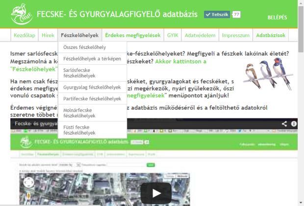 Online elérhető adatbázisok Fecske- és gyurgyalagfigyelő adatbázis Főbb