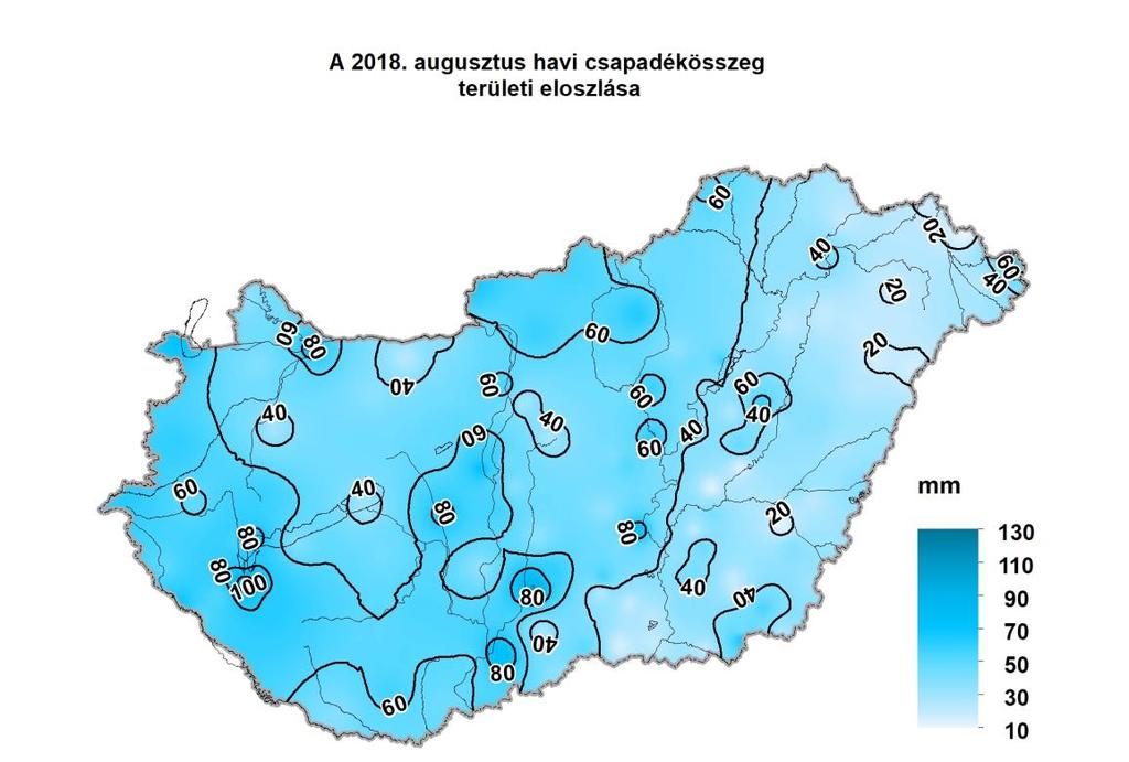 1. HELYZETÉRTÉKELÉS Csapadék 2018 augusztusában a rendelkezésre álló adatok szerint az ország területére lehullott csapadék mennyisége 11 mm (Barabás) és 122 mm (Öregcsertő Csorna-puszta) között