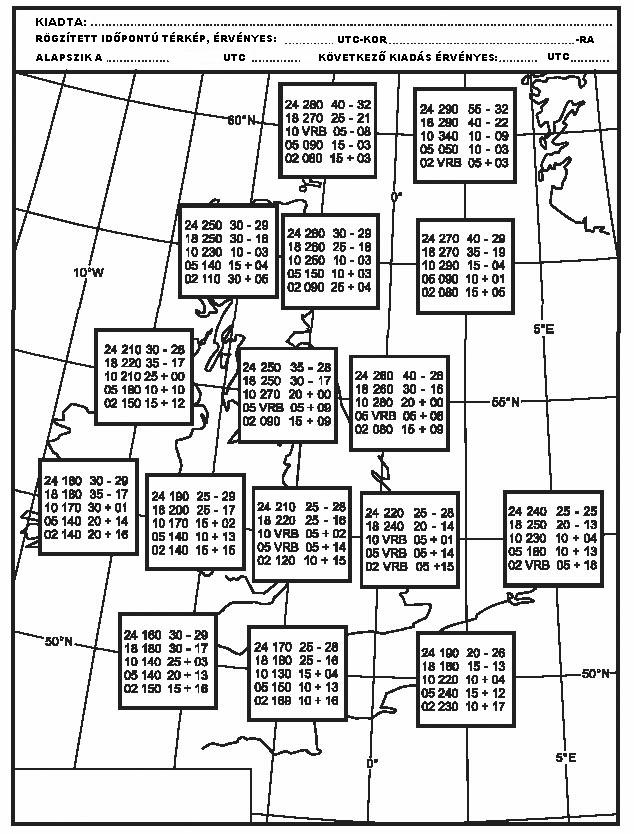 A vastagkeretű négyzetek az általuk takart földrajzi hosszúság/szélesség vonalak metszéspontjainak megfelelő helyekre vonatkozó szél irányának