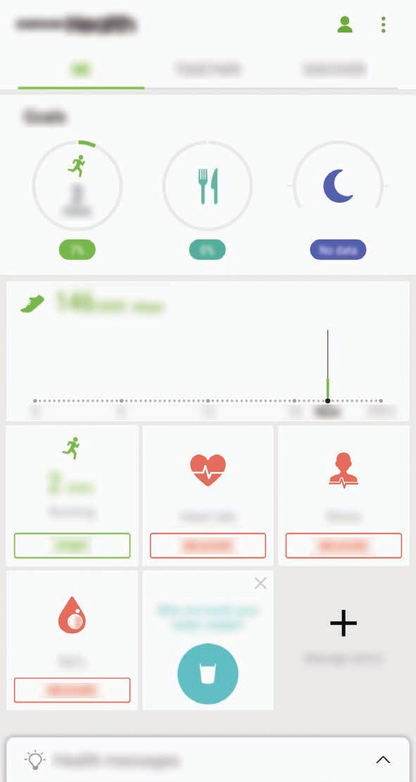 Alkalmazások és funkciók A Samsung Health használata A Samsung Health menüinek és figyelőinek segítségével megtekintheti a legfontosabb információkat az egészsége és fittsége figyelemmel követéséhez.