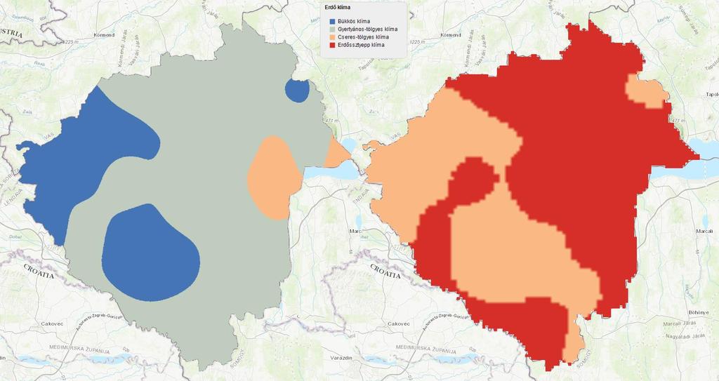 19. ábra: Erdők várható klímatípus változása Zala megyében 1990 és 2070 között 1990 2070 Forrás: NAIK ERTI Geo Portál Látszik, hogy a megye erdészeti klímatípusai várhatóan jelentősen változnak, a