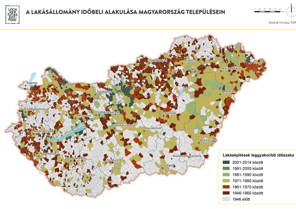 24. ábra: A lakásállomány időbeli alakulása Magyarország településein Forrás: Lechner Tudásközpont Építési év szerint a megye lakásállománya átlagosnak tekinthető.
