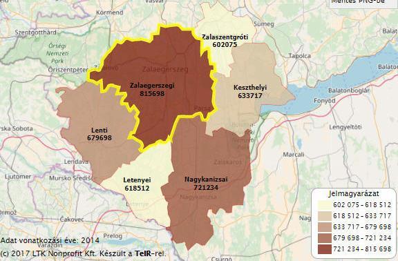 29. ábra: Egy lakosra jutó összes nettó jövedelem alakulása Zala megye járásaiban, 2015 Forrás: TeIR Helyzet-Tér-Kép A megye összességében kedvezőtlen jövedelmi mutatói arra hívják fel a figyelmet,