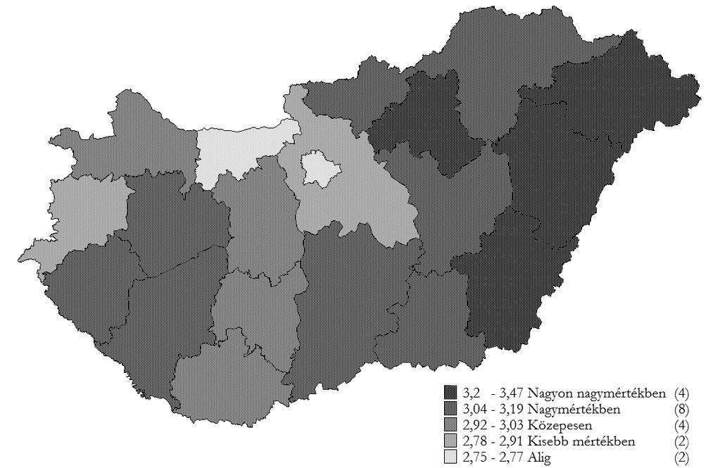 31. ábra: Aszály, illetve szárazság általi érintettség szubjektív megítélése Magyarország megyéiben Megjegyzés: N=3258.