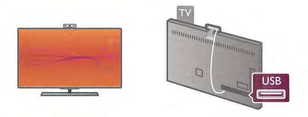 A kamera beállítása Csatlakoztassa a kamerakábelt a TV-készülék oldalán vagy hátoldalán található valamelyik USB csatlakozóhoz. Az ábra szerint hajlítsa meg a kis rögzít!