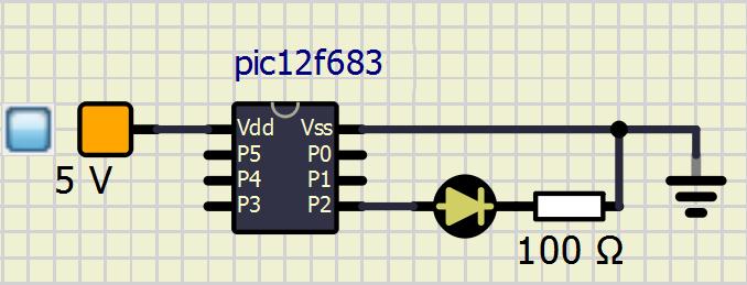 LED villogtatás Kössük egy LED anódját a GPIO2 (PORTA 2. bit) kivezetésre! Kössük a LED katódját egy áramkorlátozó ellenálláson keresztül a VSS lábra!