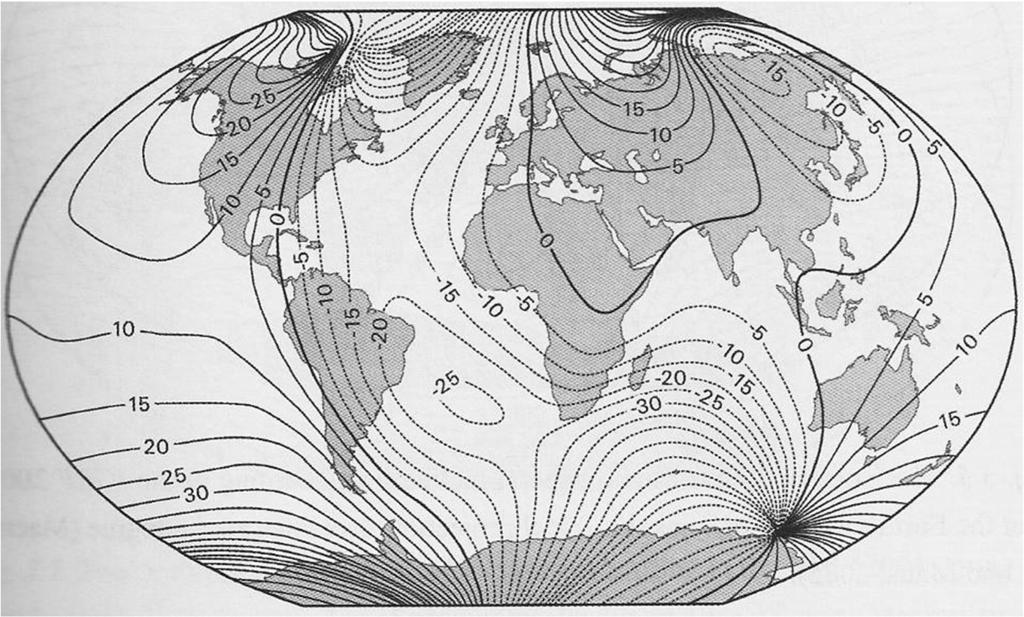 d) Az alábbi ábra a mágneses deklináció értékeit ábrázolja a Föld különböző pontjain. Karikázza be a térképen, hogy hol helyezkedik el a mágneses É-i pólus!