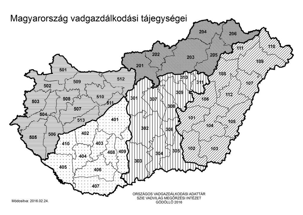 2. ábra: Vadgazdálkodási tájak, tájegységek A tájegységek kialakításában a vadak számára nehezen áthidalható képződmények (tavak, folyók, autópályák, stb.