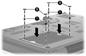 2. Szorítsa meg a bővítőrekeszt rögzítő csavart. 3. Helyezze vissza a 4 merevlemezcsavart (1), majd a csavarvédő sapkákat (2). 4. Tegye vissza az akkumulátort. 5.