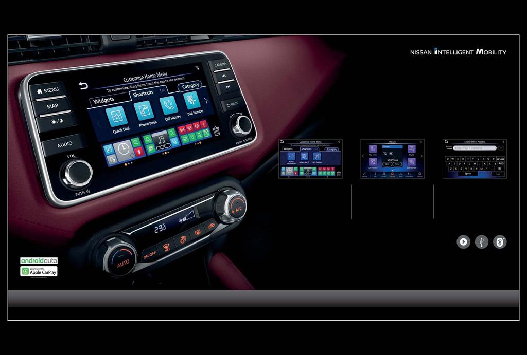 ÚJ NISSANCONNECT A Nissan következő generációs hang- és navigációs rendszerének része az okostelefon-integráció, a Bluetooth kihangosítás és a fedélzeti alkalmazások, emellett 7"-os érintőképernyővel