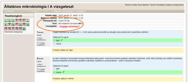 16. ábra: A teszt eredménye A tesztkérdések megoldásának tanulmányozása után válasszuk az tesztlap