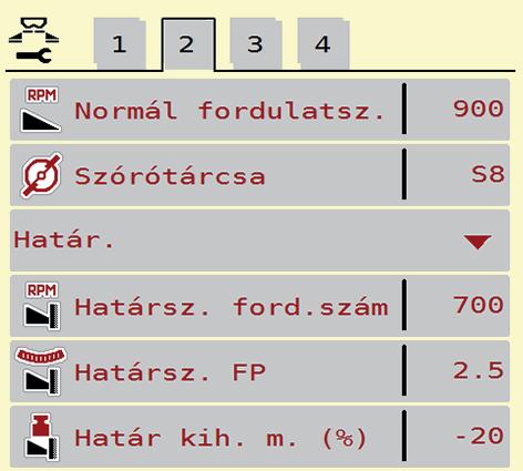 A AXIS EMC ISOBUS kezelése 4 4.4.8 Határszórási üzemmód (csak AXIS-H) Ebben a menüben adható meg a mező szélén alkalmazandó megfelelő szórási üzemmód. 1 2 4.