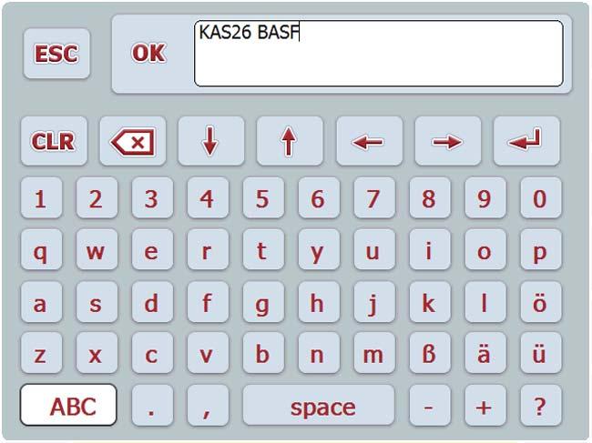 4 A AXIS-H ISOBUS kezelése 4.11 Speciális funkciók 4.11.1 Szövegbevitel Egyes menükben szabadon szerkeszthető szövegek is beírhatók, a kijelzőn 2 különböző adatbeviteli mező jelenik meg. 4.23 ábra: Alfanumerikus adatbevitel 4.