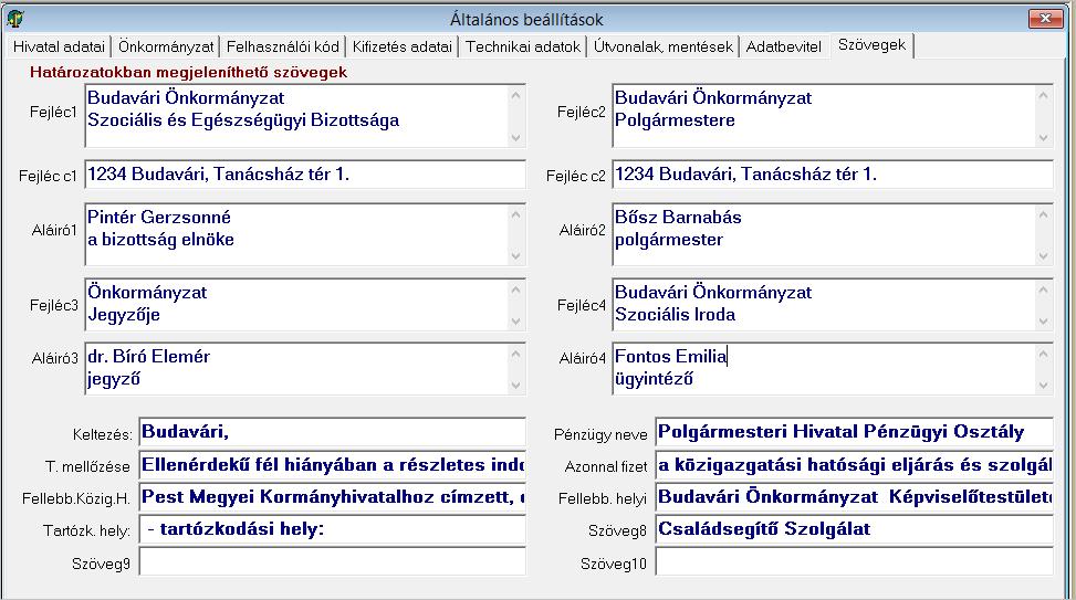 49. ábra: A határozatokba bekerülő szövegek meghatározása a Beállítások/Általános menüpontban 20