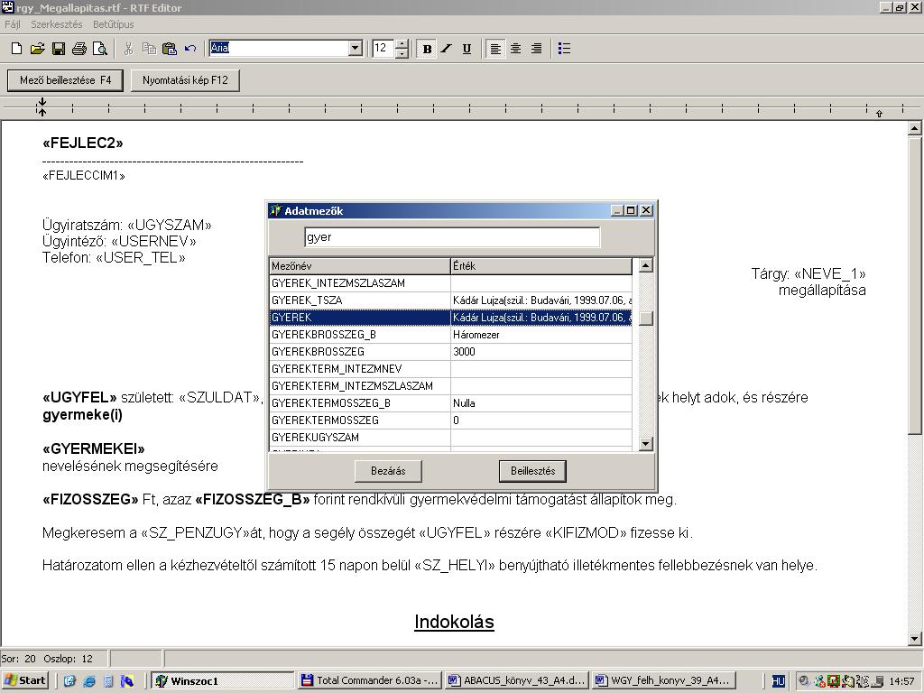 RTF EDITOR: A WinSzoc program saját szövegszerkesztőjében az adatmezők beszúrásakor megjelenő listán mindig láthatók a kódok mellett a konkrét ügy adatai is. 14.