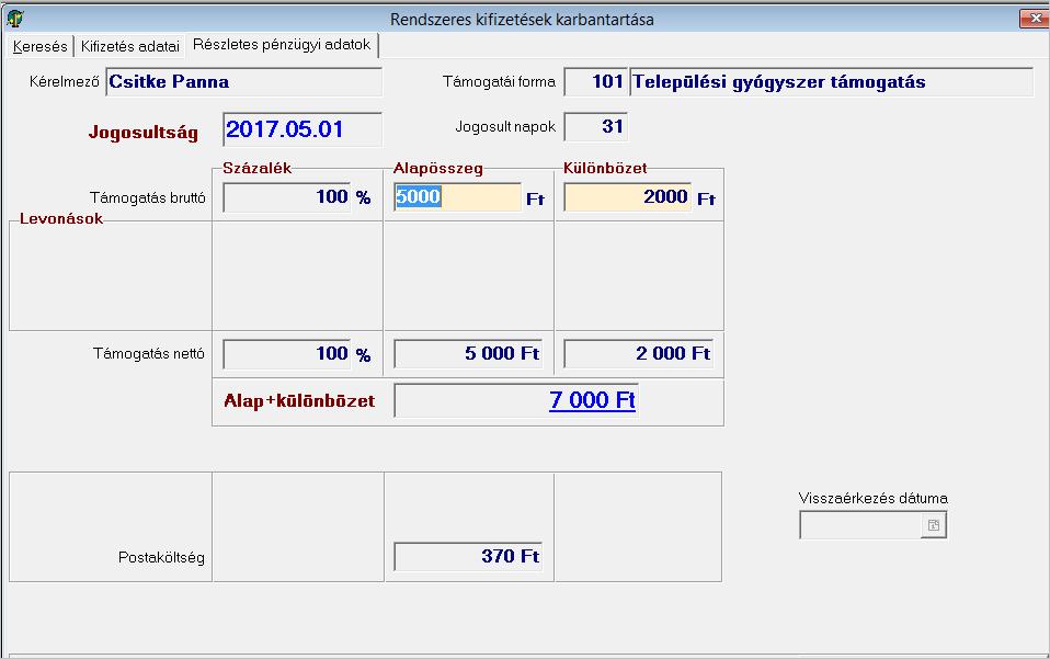 33. ábra: Ötezer forint különbözet kezelése a Karbantartás segítségével a FELADAT (26)-ben 11.3.3. A színek jelentése a jogosultsági és a kifizetési táblán A személyek jogosultsági és kifizetési tábláin különböző háttérszínekkel megjelenített sorokkal találkozhatunk.