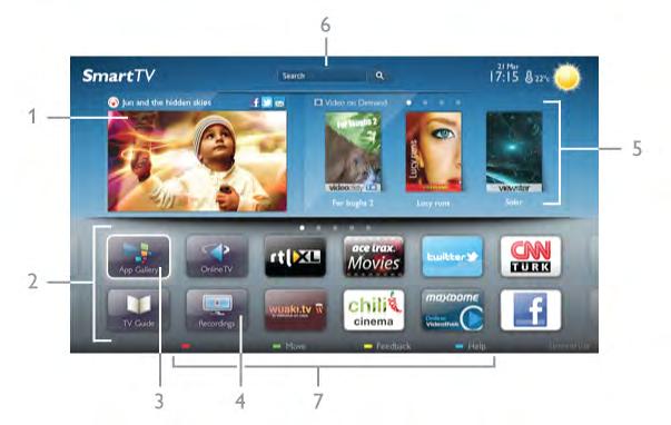 A memória törléséhez nyomja meg a h gombot, válassza a S Beállítás Válassza a Hálózati beállítások > Internetes memória törlése Smart TV kezdőlap A Smart TV kezdőoldal jelenti az internettel való