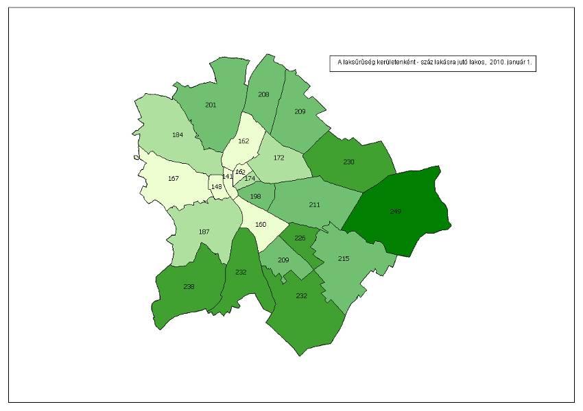 Ezek a kerületek, ahogy a térkép is jelzi, a város peremén helyezkednek el. 4. 73. ábra A laksűrűség az adott év január 01 én. 4. 75. ábra: A laksűrűség kerületenként Száz lakásra jutó lakos 2010.